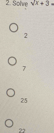 Solve sqrt(x)+3=
2
7
25
22