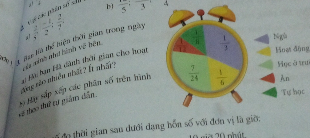 Viếi các phân số sau
b)  1/5 ;frac 3, 4
 2/5 ; (-1)/2 ; 2/7 ;
a)
1ơn 1 3. Bạn Hà thể hiện thời gian trong ngày
của mình như hình vẽ bên
a) Hỏi bạn Hà dành thời gian cho hoạt 
Hoạt động
động nào nhiều nhất? Ít nhất?
Học ở trư
b) Hãy sắp xếp các phân số trên hình
vẽ theo thứ tự giảm dần.
c
ố đo thời gian sau dưới dạng hỗn số với đơn vị là giờ:
10 giờ 20 phút