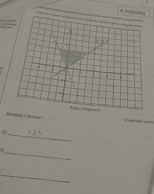 PINANG
rulis tiga ketaksamaan linear yang memuask
Write three linear inequalities that satisfy the shaded region in diagram below.
e  
n of  en
d  o th
is
Jawapan / Answer :
[3 markah / marks
_
(i)
_
(i)
_