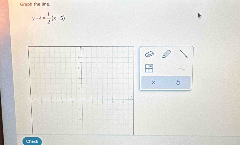 Graph the line.
y-4= 1/2 (x+5)
× 5 
Check