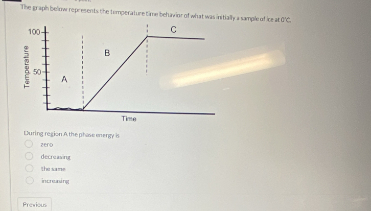 The graph below represents the temperature time behavior of what was initially a sample of ice at 0°C. 
During region A the phase energy is
zero
decreasing
the same
increasing
Previous