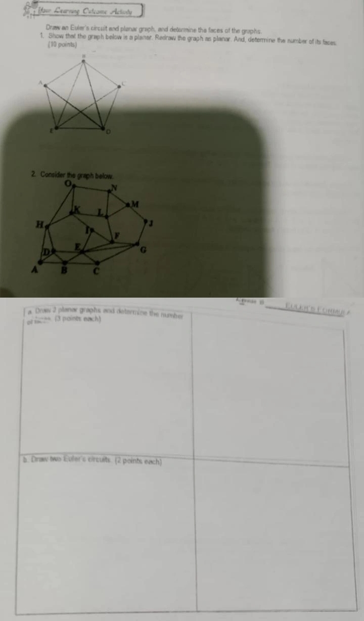 Yave Learning Culcame Activity
Draw an Euler's circuit and planar graph, and detormine the faces of the graphs.
1. Show that the graph below is a planer. Redraw the graph as planar. And, determine the number of its faces
(10 points)
2. Consider the graph below.
a