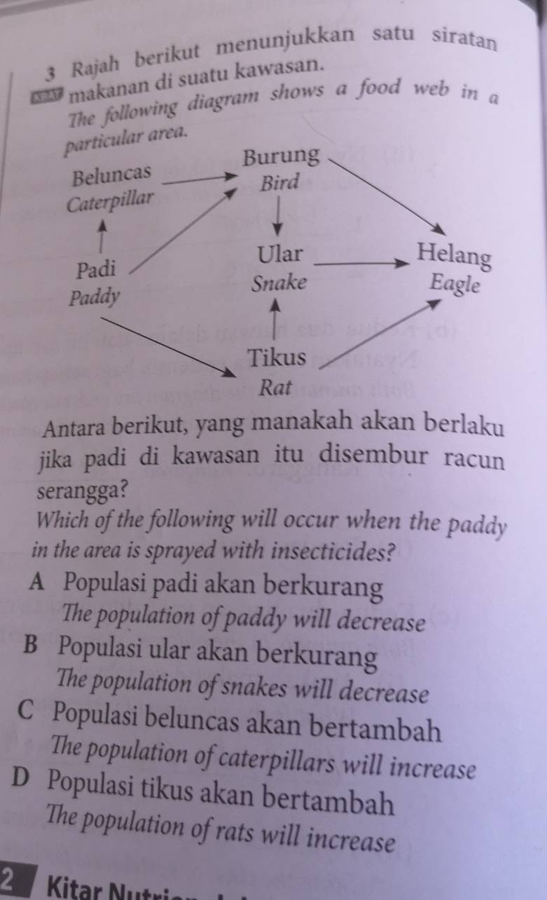 Rajah berikut menunjukkan satu siratan
makanan di suatu kawasan.
The following diagram shows a food web in a
area.
Antara berikut, yang manakah akan berlaku
jika padi di kawasan itu disembur racun 
serangga?
Which of the following will occur when the paddy
in the area is sprayed with insecticides?
A Populasi padi akan berkurang
The population of paddy will decrease
B Populasi ular akan berkurang
The population of snakes will decrease
C Populasi beluncas akan bertambah
The population of caterpillars will increase
D Populasi tikus akan bertambah
The population of rats will increase
2 Kitar Nutri