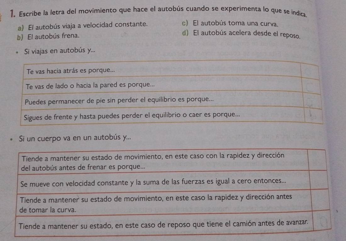 Escribe la letra del movimiento que hace el autobús cuando se experimenta lo que se indica.
a) El autobús viaja a velocidad constante.
c) El autobús toma una curva.
b) El autobús frena.
d) El autobús acelera desde el reposo.
Si viajas en autobús y...
Si un cuerpo va en un autobús y...