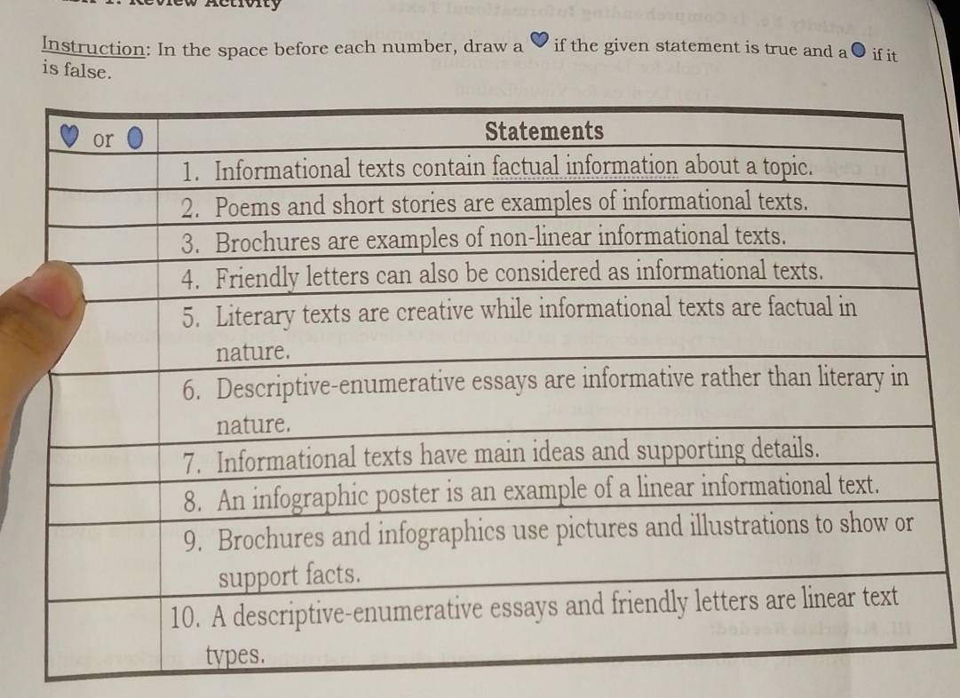 ew Activity 
Instruction: In the space before each number, draw a ♥ if the given statement is true and a● if it 
is false.