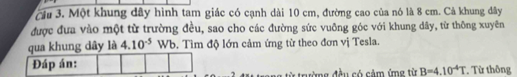 Một khung dây hình tam giác có cạnh dài 10 cm, đường cao của nó là 8 cm. Cả khung dây 
được đưa vào một từ trường đều, sao cho các đường sức vuông góc với khung dây, từ thông xuyên 
qua khung dây là 4.10^(-5) Wb. Tìm độ lớn cảm ứng từ theo đơn vị Tesla. 
Đáp án: 
đờng đều có cảm ứng từ B=4.10^(-4)T. Từ thông