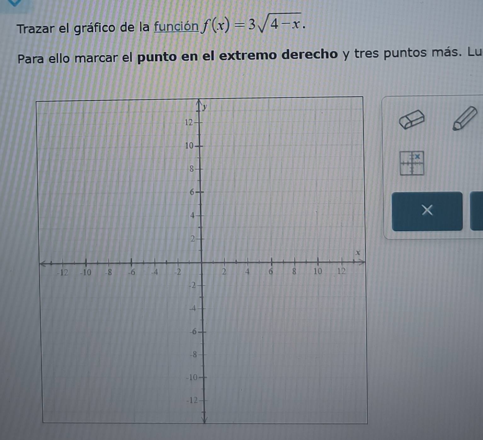 Trazar el gráfico de la función f(x)=3sqrt(4-x). 
Para ello marcar el punto en el extremo derecho y tres puntos más. Lu 
×