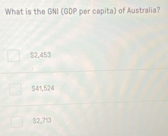 What is the GNI (GDP per capita) of Australia?
$2,453
$41,524
S2,713