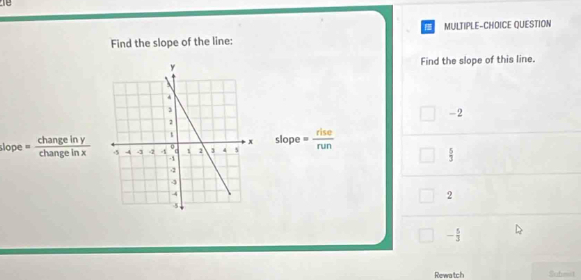 MULTIPLE-CHOICE QUESTION
Find the slope of the line:
Find the slope of this line.
-2
slope = rise/run 
slope = changeiny/changeinx   5/3 
2
- 5/3 
Rewatch Submit