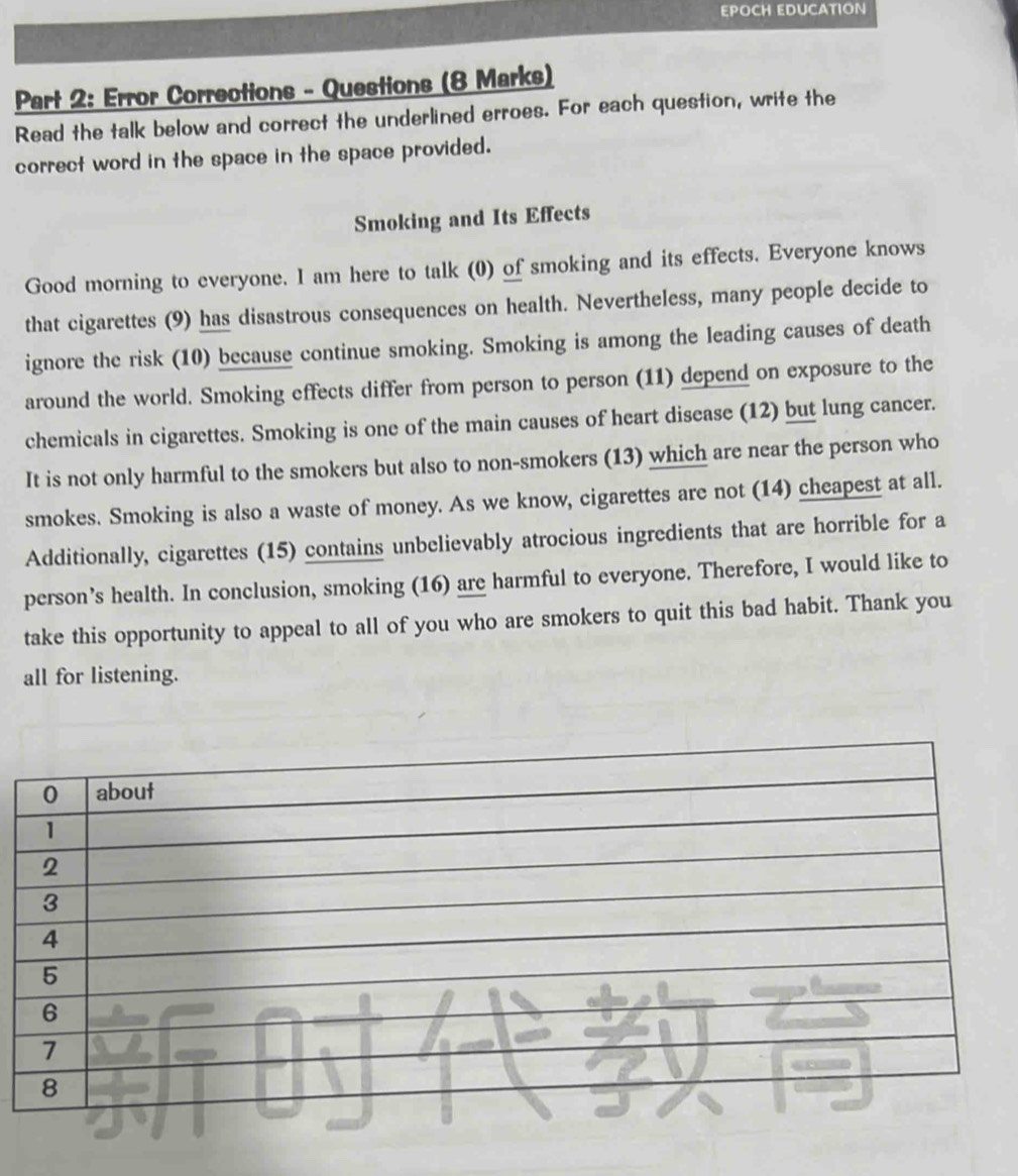 EPOCH EDUCATION 
Part 2: Error Corrections - Questions (8 Marks) 
Read the talk below and correct the underlined erroes. For each question, write the 
correct word in the space in the space provided. 
Smoking and Its Effects 
Good morning to everyone. I am here to talk (0) of smoking and its effects. Everyone knows 
that cigarettes (9) has disastrous consequences on health. Nevertheless, many people decide to 
ignore the risk (10) because continue smoking. Smoking is among the leading causes of death 
around the world. Smoking effects differ from person to person (11) depend on exposure to the 
chemicals in cigarettes. Smoking is one of the main causes of heart disease (12) but lung cancer. 
It is not only harmful to the smokers but also to non-smokers (13) which are near the person who 
smokes. Smoking is also a waste of money. As we know, cigarettes are not (14) cheapest at all. 
Additionally, cigarettes (15) contains unbelievably atrocious ingredients that are horrible for a 
person’s health. In conclusion, smoking (16) are harmful to everyone. Therefore, I would like to 
take this opportunity to appeal to all of you who are smokers to quit this bad habit. Thank you 
all for listening.