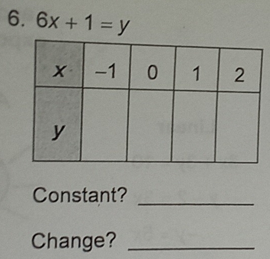 6x+1=y
Constant?_ 
Change?_