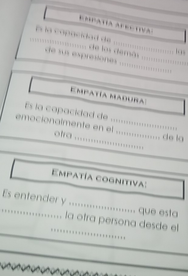 Empatía Afestiva: 
ia capacidad de ............ 
''.. de los demás 
19 s 
expresiones . '''''' 
Empatía madura: 
Es la capacidad de ... 
_ 
emocionalmente en el_ 
_ 
otra . 
'.' de la 
Empatía cognitiva: 
_Es entender y ................ que esta 
_ 
_ 
la otra persona desde el 
_