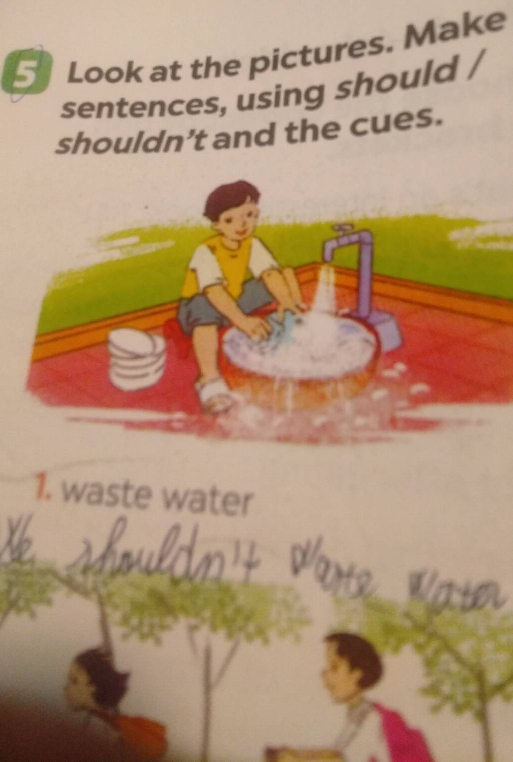 Look at the pictures. Make 
sentences, using should / 
shouldn’t and the cues. 
1. waste water