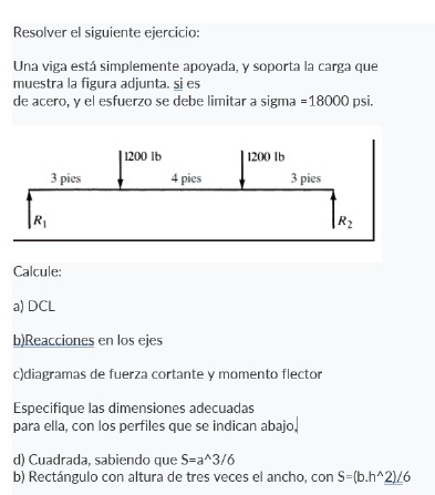 Resolver el siguiente ejercicio:
Una viga está simplemente apoyada, y soporta la carga que
muestra la figura adjunta. si es
de acero, y el esfuerzo se debe limitar a sigma =18000 psi.
Calcule:
a) DCL
b)Reacciones en los ejes
c)diagramas de fuerza cortante y momento flector
Especifique las dimensiones adecuadas
para ella, con los perfiles que se indican abajo,
d) Cuadrada, sabiendo que S=a^(wedge)3/6
b) Rectángulo con altura de tres veces el ancho, con S=(b.h^(wedge)2)/6