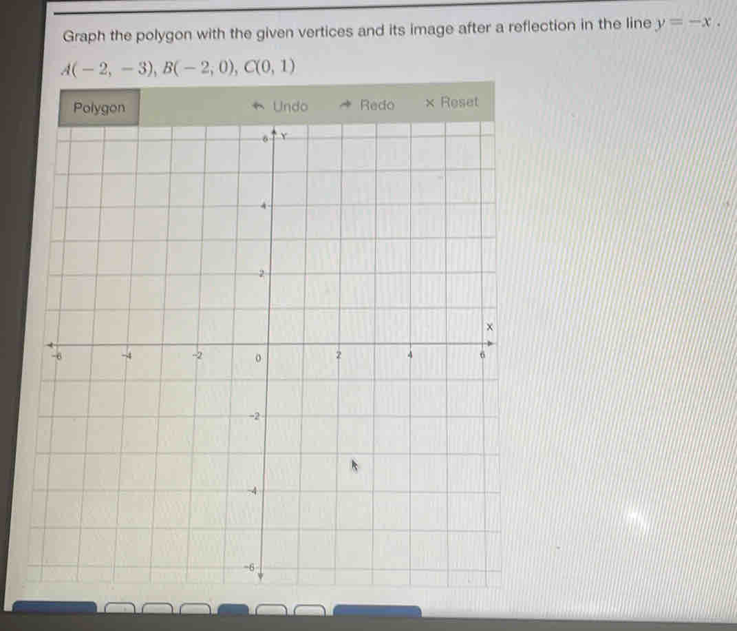 Graph the polygon with the given vertices and its image after a reflection in the line y=-x.
A(-2,-3), B(-2,0), C(0,1)