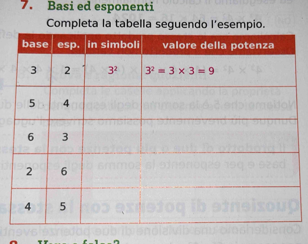 Basi ed esponenti
Completa la tabella seguendo l’esempio.