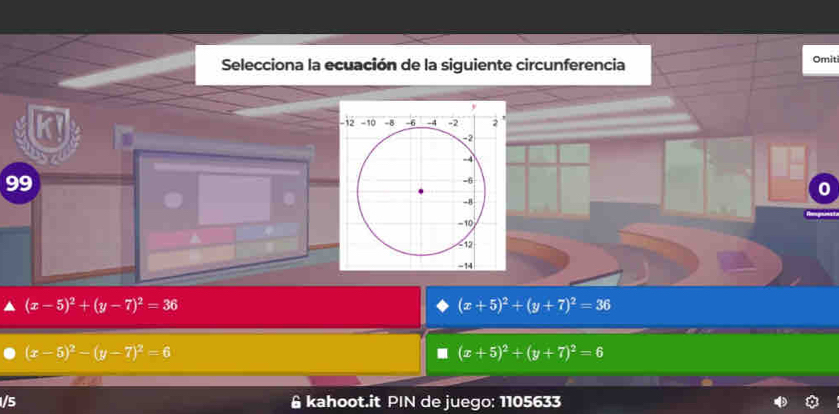 Selecciona la ecuación de la siguiente circunferencia Omit
99
(x-5)^2+(y-7)^2=36
(x+5)^2+(y+7)^2=36
(x-5)^2-(y-7)^2=6
(x+5)^2+(y+7)^2=6
/5 & kahoot.it PIN de juego: 1105633