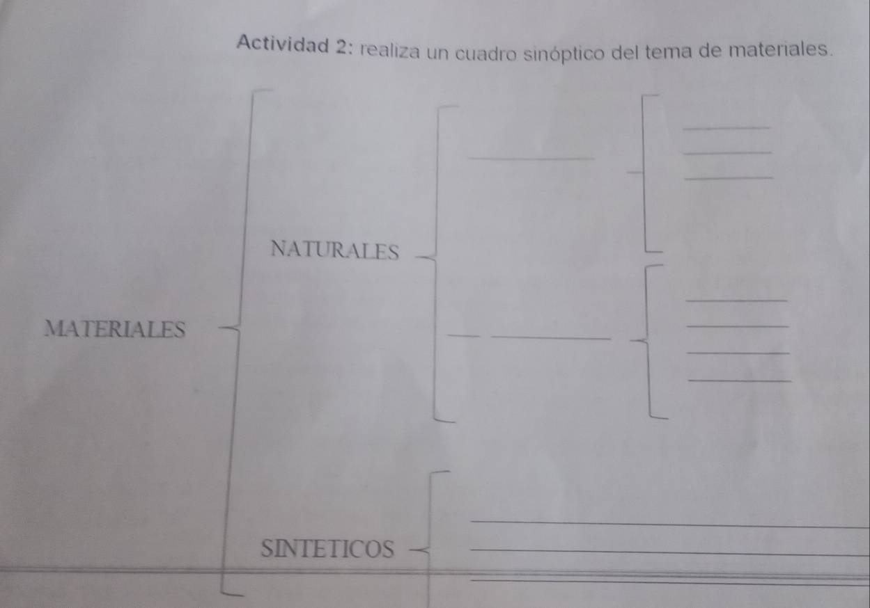 Actividad 2: realiza un cuadro sinóptico del tema de materiales 
_ 
_ 
_ 
_ 
NATURALES 
_ 
_ 
_ 
MATERIALES 
_ 
_ 
_ 
SINTETICOS_ 
_ 
_