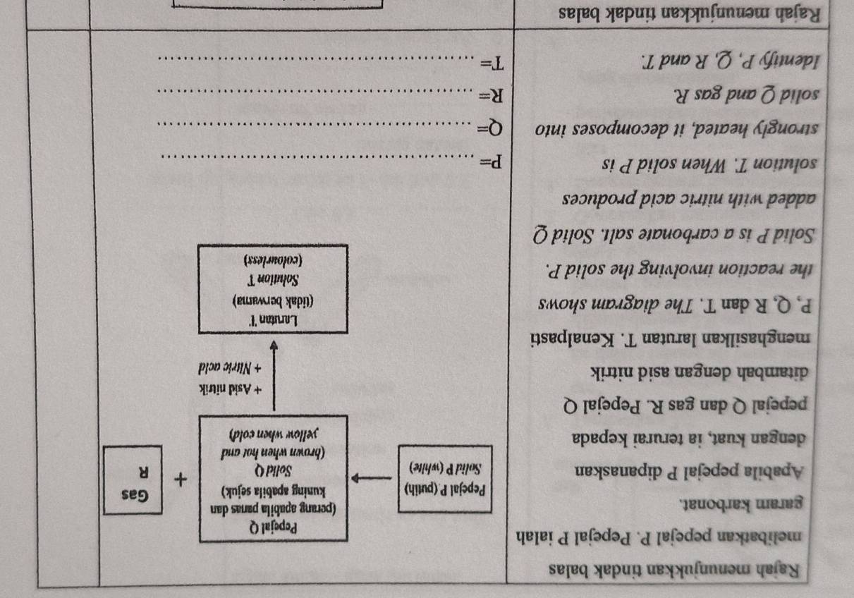 Rajah menunjukkan tindak balas 
melibatkan pepejal P. Pepejal P ialah 
Pepejal Q
garam karbonat. (perang apabila panas dan 
Pepejal P (putih) kuning apabila sejuk) Gas 
Apabila pepejal P dipanaskan Solid P (white) Solid Q + R
(brown when hot and 
dengan kuat, ia terurai kepada yellow when cold) 
pepejal Q dan gas R. Pepejal Q
+ Asid nitrik 
ditambah dengan asid nitrik + Nitric acld 
menghasilkan larutan T. Kenalpasti 
Larutan l'
P, Q, R dan T. The diagram shows (tidak berwara) 
the reaction involving the solid P. 
Solution T
(colourless) 
Solid P is a carbonate salt. Solid Q
added with nitric acid produces 
solution T. When solid P is 
_ P=
strongly heated, it decomposes into Q= _ 
solid Q and gas R. R= _ 
Identify P, Q, R and T. T= _ 
Rajah menunjukkan tindak balas