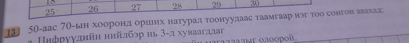 13 50-аас 7О-ьн хоорондδοоршίеίих натурал тонгон авахал 
ифруудийη нийлбэр нь 3 -д хуваагддаг 
μагалπалыг οлοοрοй.