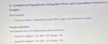 Solved: Comparing Populations Using Box Plots and Cumulative Frequency ...