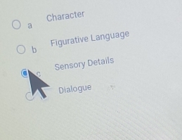 Character
a
b Figurative Language
Sensory Details
Dialogue