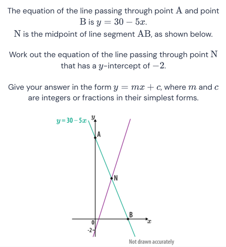 The equation of the line passing through point A and point
B is y=30-5x.
N is the midpoint of line segment AB, as shown below.
Work out the equation of the line passing through point N
that has a y-intercept of −2.
Give your answer in the form y=mx+c , where m and c
are integers or fractions in their simplest forms.
Not drawn accurately