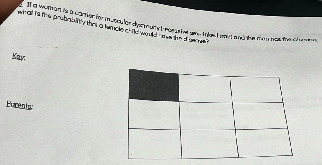 If a woman is a carrier for muscular dystrophy (recessive sex-linked trait) and the man has the disease. 
what is the probability that a female child would have the disease? 
Key: 
Parents: