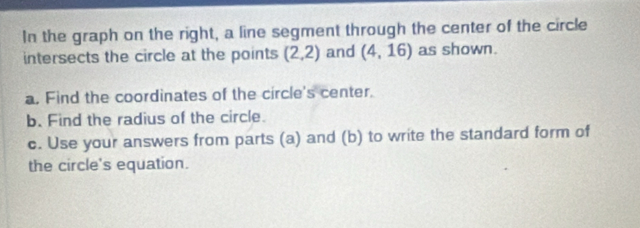 In the graph on the right, a line segment through the center of the circle 
intersects the circle at the points (2,2) and (4,16) as shown. 
a. Find the coordinates of the circle's center. 
b. Find the radius of the circle. 
c. Use your answers from parts (a) and (b) to write the standard form of 
the circle's equation.