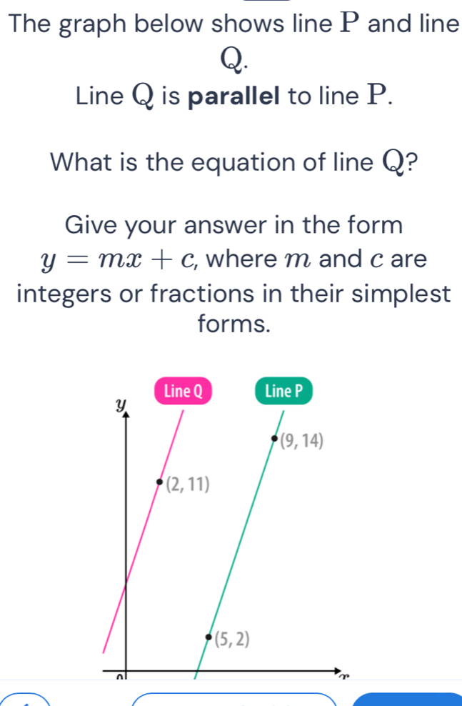 The graph below shows line P and line
Q.
Line Q is parallel to line P.
What is the equation of line Q?
Give your answer in the form
y=mx+c , where m and c are
integers or fractions in their simplest
forms.