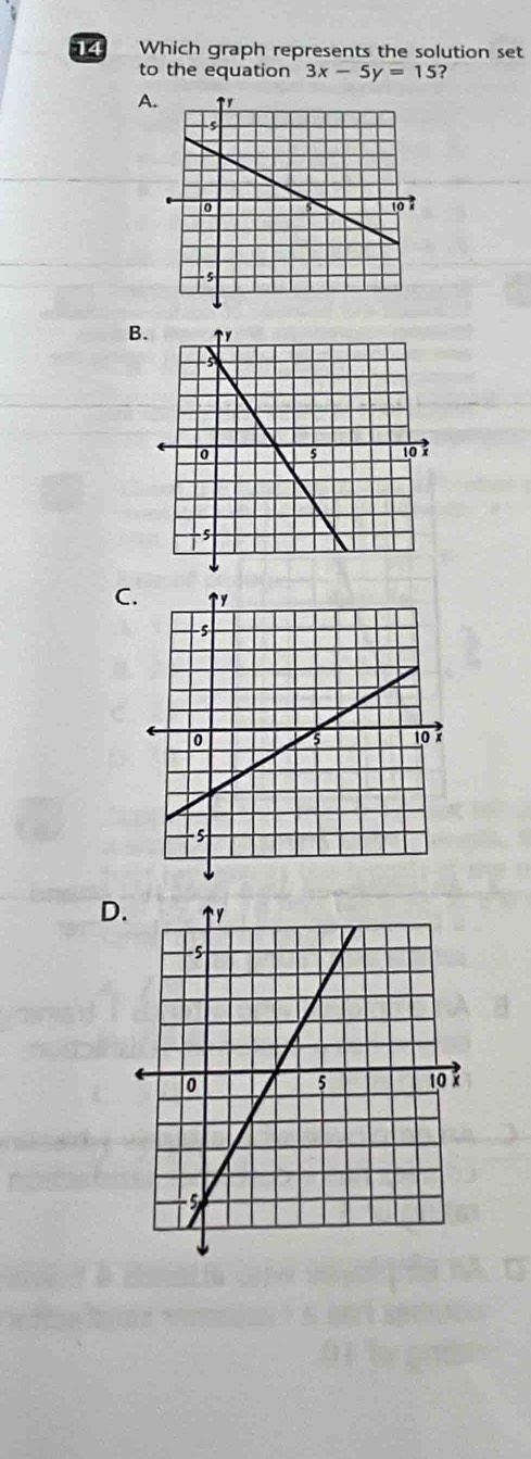 Which graph represents the solution set 
to the equation 3x-5y=15
A 
B 
C 
D