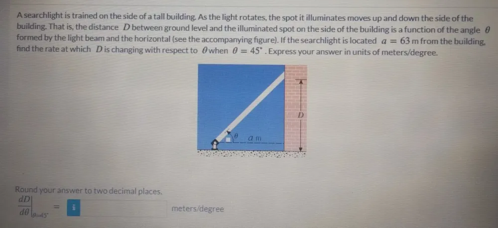 Solved: A searchlight is trained on the side of a tall building. As the ...