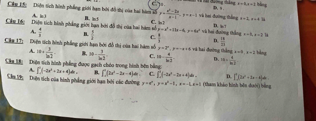 C. 0. Un và nai đường thắng x=0,x=2 bǎng
D. 9 .
Câu 15: Diện tích hình phẳng giới hạn bởi đồ thị của hai hàm số y= (x^2-2x)/x-1 ,y=x-1 và hai đường thẳng x=2,x=4 là
A. ln 3 B. ln5 C. ln2 D. ln 7
Câu 16: Diện tích hình phẳng giới hạn bởi đồ thị của hai hàm số y=x^3+11x-6,y=6x^2 và hai đường thắng x=0,x=2 là
A.  4/3  B.  5/2  C.  8/3  D.  18/23 
Câu 17: Diện tích hình phẳng giới hạn bởi đồ thị của hai hàm số y=2^x,y=-x+6 và hai đường thắng x=0,x=2 bằng
A. 10+ 3/ln 2 . B. 10- 3/ln 2 . C. 10- 4/ln 2 . D. 10+ 4/ln 2 .
Câu 18: Diện tích hình phẳng được gạch chéo trong hình bên bằng:
A. ∈t _(-1)^2(-2x^2+2x+4)dx. B. ∈t _(-1)^2(2x^2-2x-4) phi C. ∈t _(-1)^1(-2x^2-2x+4)dx. D. ∈t _(-1)^1(2x^2+2x-4)dx.
Câu 19: Diện tích của hình phẳng giới hạn bởi các đường y=e^x,y=x^2-1,x=-1,x=1 (tham khảo hình bên dưới) bằng