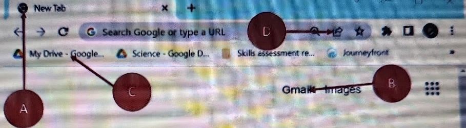 New Tab × + 
C G Search Google or type a URL D 
O My Drive - Google Science - Google D... Skills assessment re... Journeyfront 
C Gmaik Images B 
A