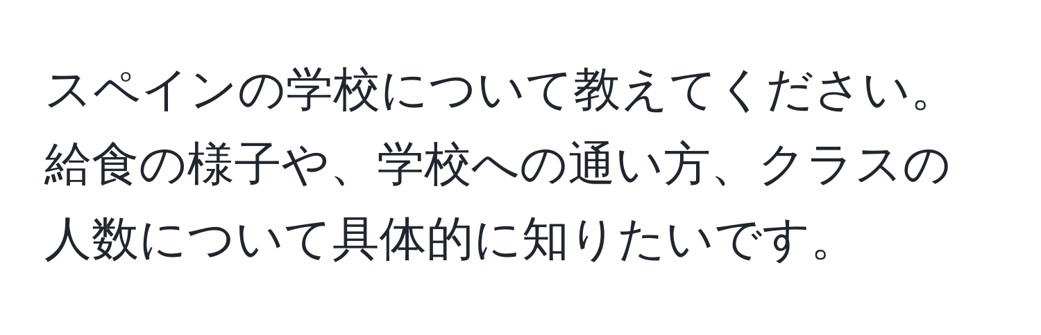 スペインの学校について教えてください。給食の様子や、学校への通い方、クラスの人数について具体的に知りたいです。
