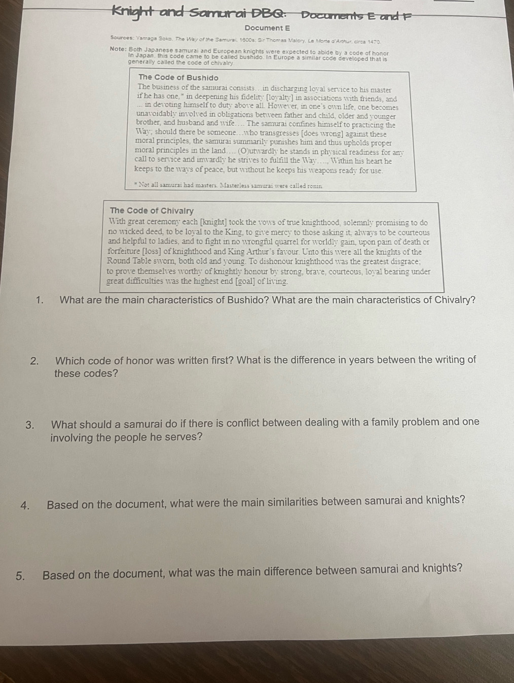 Knight and Samurai DBQ: Documents E and F
Document E
Sources: Yamaga Soko. The Way of the Samurai, 1600s; Sir Thomas Malory, Le Morte o'Arthur, circa 1470.
Note: Both Japanese samurai and European knights were expected to abide by a code of honor
In Japan, this code came to be called bushido. In Europe a similar code developed that is
generally called the code of chivalr.
The Code of Bushido
The business of the samurai consists…in discharging loyal service to his master
if he has one,* in deepening his fidelity [loyalty] in associations with friends, and
in devoting himself to duty above all. However, in one’s own life, one becomes
unavoidably involved in obligations between father and child, older and younger
brother, and husband and wife… . The samurai confines himself to practicing the
Way; should there be someone…who transgresses [does wrong] against these
moral principles, the samurai summarily punishes him and thus upholds proper
moral principles in the land… (O)utwardly he stands in physical readiness for any
call to service and inwardly he strives to fulfill the Way…..., Within his heart he
keeps to the ways of peace, but without he keeps his weapons ready for use.
* Not all samurai had masters. Masterless samurai were called ronin
The Code of Chivalry
With great ceremony each [knight] took the vows of true knighthood, solemnly promising to do
no wicked deed, to be loyal to the King, to give mercy to those asking it, always to be courteous
and helpful to ladies, and to fight in no wrongful quarrel for worldly gain, upon pain of death or
forfeiture [loss] of knighthood and King Arthur’s favour. Unto this were all the knights of the
Round Table sworn, both old and young. To dishonour knighthood was the greatest disgrace;
to prove themselves worthy of knightly honour by strong, brave, courteous, loyal bearing under
great difficulties was the highest end [goal] of living.
1. What are the main characteristics of Bushido? What are the main characteristics of Chivalry?
2. Which code of honor was written first? What is the difference in years between the writing of
these codes?
3. What should a samurai do if there is conflict between dealing with a family problem and one
involving the people he serves?
4. Based on the document, what were the main similarities between samurai and knights?
5. Based on the document, what was the main difference between samurai and knights?