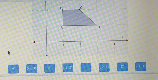 A' (-1, 3 B' (-2,2) C' (-2,1) D' (-1,1)