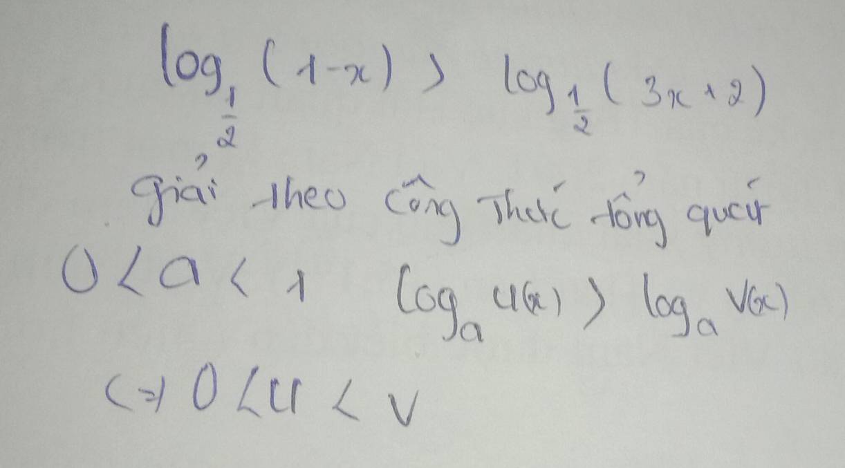 log _ 1/2 (1-x)>log _ 1/2 (3x+2)
giāi theo (ōng Thac, tōng quái
0log _asqrt((x))
c=10LU