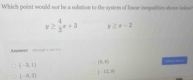 Which point would not be a solution to the system of linear inequalities shown below?
y≥  4/3 x+3
y≥ x-2
Answer Attempt 1 out of 2
(6,8)
(-3,1) Submit Answer
(-12,9)
(-6,2)