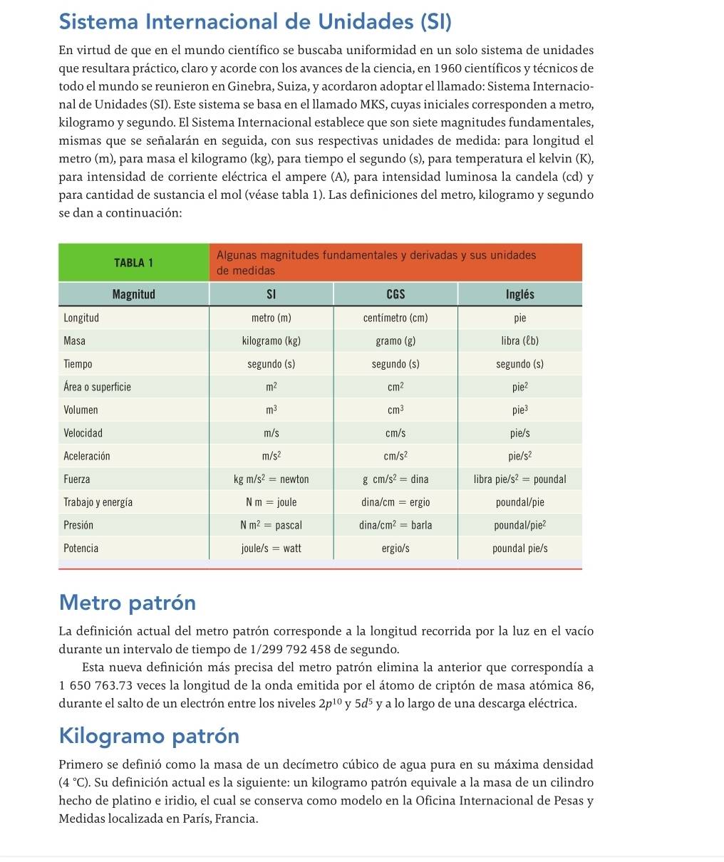 Sistema Internacional de Unidades (SI)
En virtud de que en el mundo científico se buscaba uniformidad en un solo sistema de unidades
que resultara práctico, claro y acorde con los avances de la ciencia, en 1960 científicos y técnicos de
todo el mundo se reunieron en Ginebra, Suiza, y acordaron adoptar el llamado: Sistema Internacio-
nal de Unidades (SI). Este sistema se basa en el llamado MKS, cuyas iniciales corresponden a metro,
kilogramo y segundo. El Sistema Internacional establece que son siete magnitudes fundamentales,
mismas que se señalarán en seguida, con sus respectivas unidades de medida: para longitud el
metro (m), para masa el kilogramo (kg), para tiempo el segundo (s), para temperatura el kelvin (K),
para intensidad de corriente eléctrica el ampere (A), para intensidad luminosa la candela (cd) y
para cantidad de sustancia el mol (véase tabla 1). Las definiciones del metro, kilogramo y segundo
se dan a continuación:
Metro patrón
La definición actual del metro patrón corresponde a la longitud recorrida por la luz en el vacío
durante un intervalo de tiempo de 1/299 792 458 de segundo.
Esta nueva definición más precisa del metro patrón elimina la anterior que correspondía a
1 650 763.73 veces la longitud de la onda emitida por el átomo de criptón de masa atómica 86,
durante el salto de un electrón entre los niveles 2p^(10) y 5d^5 y a lo largo de una descarga eléctrica.
Kilogramo patrón
Primero se definió como la masa de un decímetro cúbico de agua pura en su máxima densidad
(4°C). Su definición actual es la siguiente: un kilogramo patrón equivale a la masa de un cilindro
hecho de platino e iridio, el cual se conserva como modelo en la Oficina Internacional de Pesas y
Medidas localizada en París, Francia.