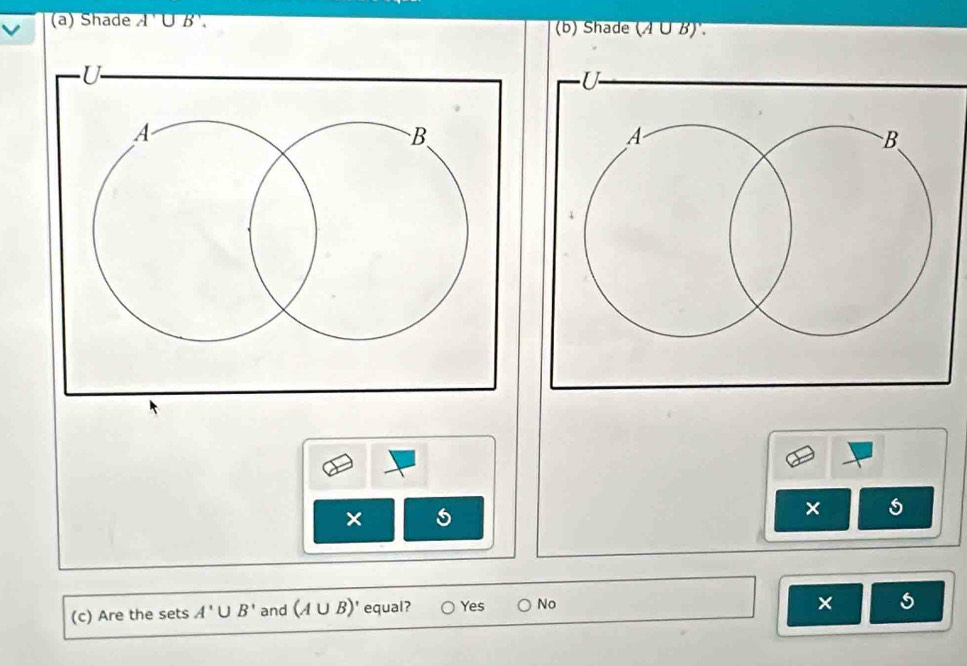 Shade overline A'∪ B'. (b) ade (A∪ B)
×
×
(c) Are the sets A'∪ B' and (A∪ B)' equal? Yes No
× s