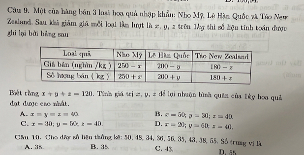 5.150,94.
Câu 9. Một của hàng bán 3 loại hoa quả nhập khẩu: Nho Mỹ, Lê Hàn Quốc và Táo New
Zealand. Sau khi giảm giá mỗi loại lần lượt là x, y, z trên 1kg thì số liệu tính toán được
ghi lại bởi bảng sau
Biết rằng x+y+z=120. Tính giá trị x, y, z để lợi nhuận bình quân của 1kg hoa quả
đạt được cao nhất.
A. x=y=z=40. B. x=50;y=30;z=40.
C. x=30;y=50;z=40. D. x=20;y=60;z=40.
Câu 10. Cho dãy số liệu thống kê: 50, 48, 34, 36, 56, 35, 43, 38, 55. Số trung vị là
A. 38. B. 35. C. 43. D. 55