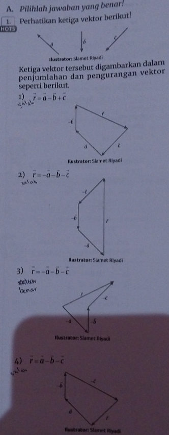 Pilihlah jawaban yang benar! 
1. Perhatikan ketiga vektor berikut! 
HOTS 
Ilustrator: Slamet Riyadi 
Ketiga vektor tersebut digambarkan dalam 
penjumlahan dan pengurangan vektor 
seperti berikut. 
1) vector r=vector a-vector b+vector c
Ilustrator: Slamet Riyadi 
2) vector r=-vector a-vector b-vector c
s 
Ilustrator: Slamet Riyadi 
3) vector r=-vector a-vector b-vector c
Ilustrator: Slamet Riyadi 
4) vector r=vector a-vector b-vector c
Ilustrator: Slamet Riyadi