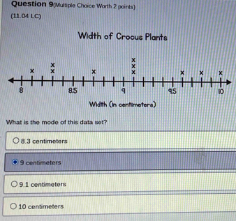 Question 9(Multiple Choice Worth 2 points)
(11.04 LC)
Width of Crocus Plants
What is the mode of this data set?
8.3 centimeters
9 centimeters
9.1 centimeters
10 centimeters