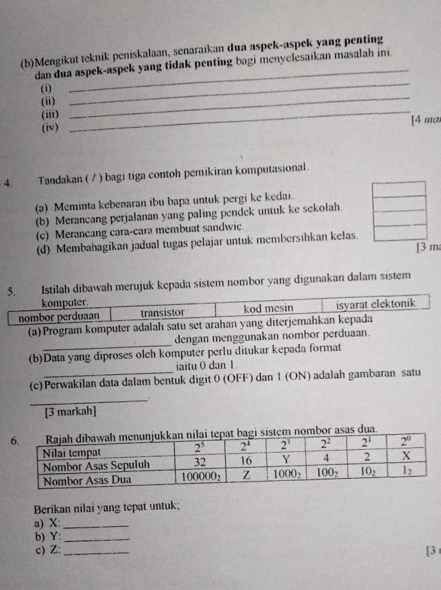 Mengikut teknik peniskalaan, senaraikan dua aspek-aspek yang penting
dan dua aspek-aspek yang tidak penting bagi menyclesaikan masalah ini
(i)
_
(ii)
_
(iii)
_
(iv)
_
[4 man
4. Tandakan ( / ) bagi tiga contoh pemikiran komputasional.
(a) Meminta kebenaran ibu bapa untuk pergi ke kedai.
(b) Merancang perjalanan yang paling pendek untuk ke sekolah.
(c) Merancang cara-cara membuat sandwic
(d) Membahagikan jadual tugas pelajar untuk membersihkan kelas.
[3 m
tilah dibawah merujuk kepada sistem nombor yang digunakan dalam sistem
(a)Program komputer adalah satu set arahan yang
_
dengan menggunakan nombor perduaan.
(b)Data yang diproses oleh komputer perlu ditukar kepada format
iaitu 0 dan 1.
(c)Perwakilan data dalam bentuk digit 0 (OFF) dan 1 (ON) adalah gambaran satu
_
.
[3 markah]
tem nombor asas dua.
Berikan nilai yang tepat untuk;
a) X:_
b) Y:_
c) Z: _[3