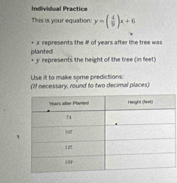 Individual Practice 
This is your equation: y=( 4/9 )x+6
x represents the # of years after the tree was 
planted 
• y represents the height of the tree (in feet) 
Use it to make some predictions: 
(If necessary, round to two decimal places)