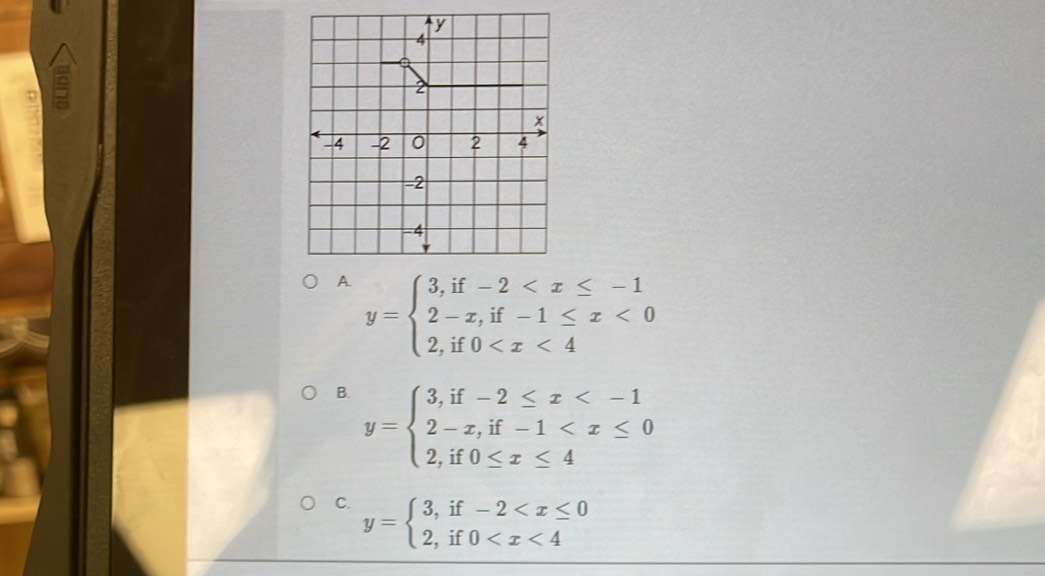 y=beginarrayl 3,if-2 <0 2,if0
B. y=beginarrayl 3,if-2≤ x
C. y=beginarrayl 3,if-2