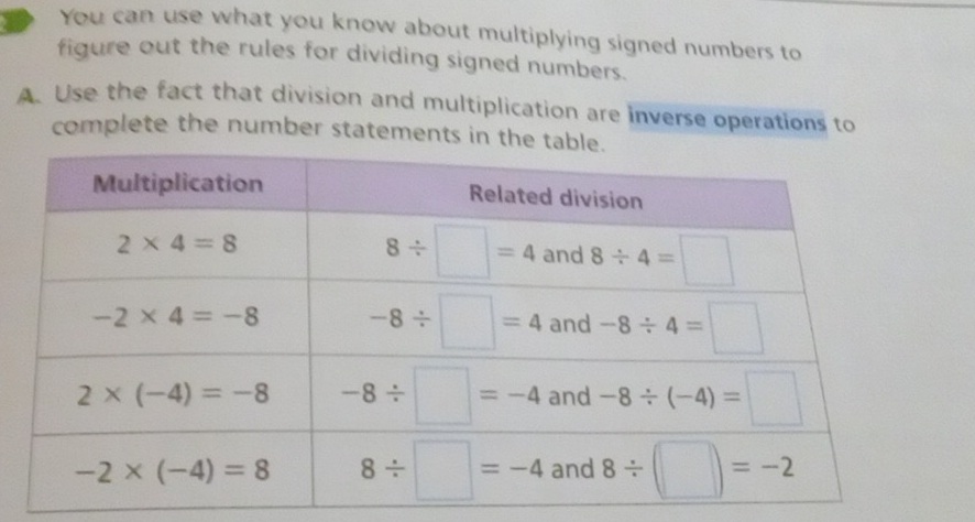 You can use what you know about multiplying signed numbers to
figure out the rules for dividing signed numbers.
A. Use the fact that division and multiplication are inverse operations to
complete the number statements in th