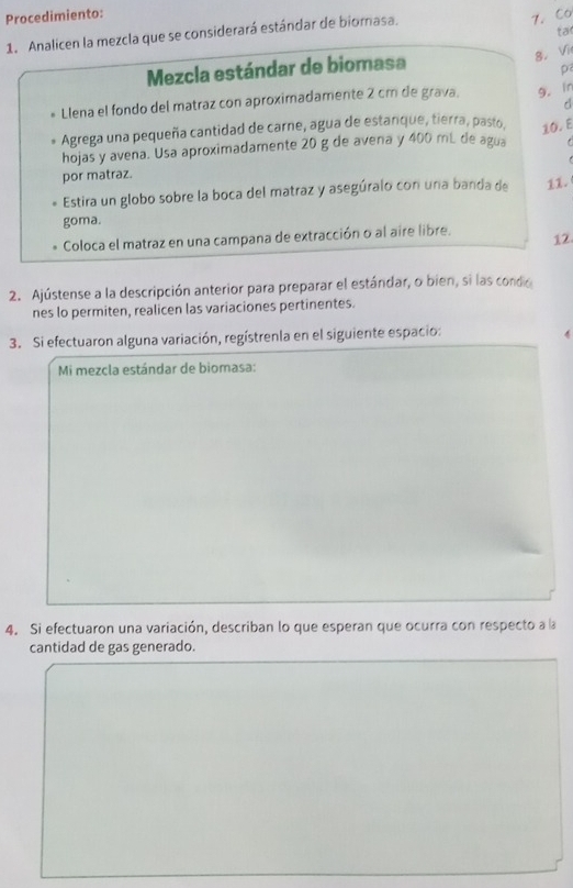 Procedimiento: 
1. Analicen la mezcla que se considerará estándar de biornasa. 
7. Co 
ta 
8. V 
Mezcla estándar de biomasa 
p 
Llena el fondo del matraz con aproximadamente 2 cm de grava 9. In 
Agrega una pequeña cantidad de carne, agua de estanque, tierra, pasto 10. E 
hojas y avena. Usa aproximadamente 20 g de avena y 400 mL de agua 
por matraz. 
Estira un globo sobre la boca del matraz y asegúralo con una banda de 11. 
goma. 
Coloca el matraz en una campana de extracción o al aire libre. 12 
2. Ajústense a la descripción anterior para preparar el estándar, o bien, si las condo 
nes lo permiten, realicen las variaciones pertinentes. 
3. Si efectuaron alguna variación, regístrenla en el siguiente espacio: 
Mi mezcla estándar de biomasa: 
4. Si efectuaron una variación, describan lo que esperan que ocurra con respecto a la 
cantidad de gas generado.