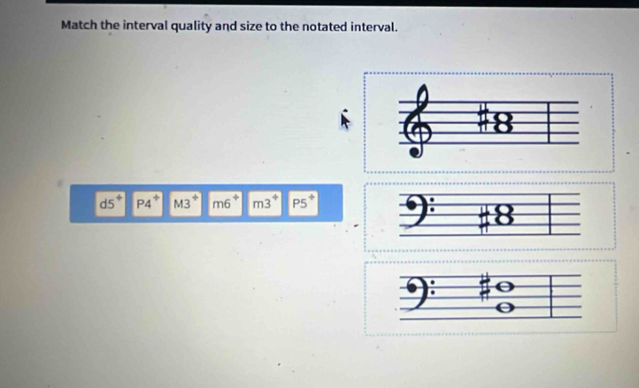 Match the interval quality and size to the notated interval.
d5^+ P4^+ M3^+ m6^+ m3^+ P5^+